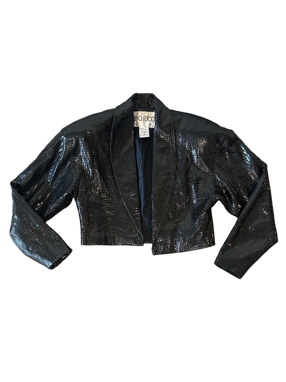 Vintage 80s Pia Rucci Black Croc Embossed Leather Crop Jacket M Glam Rock